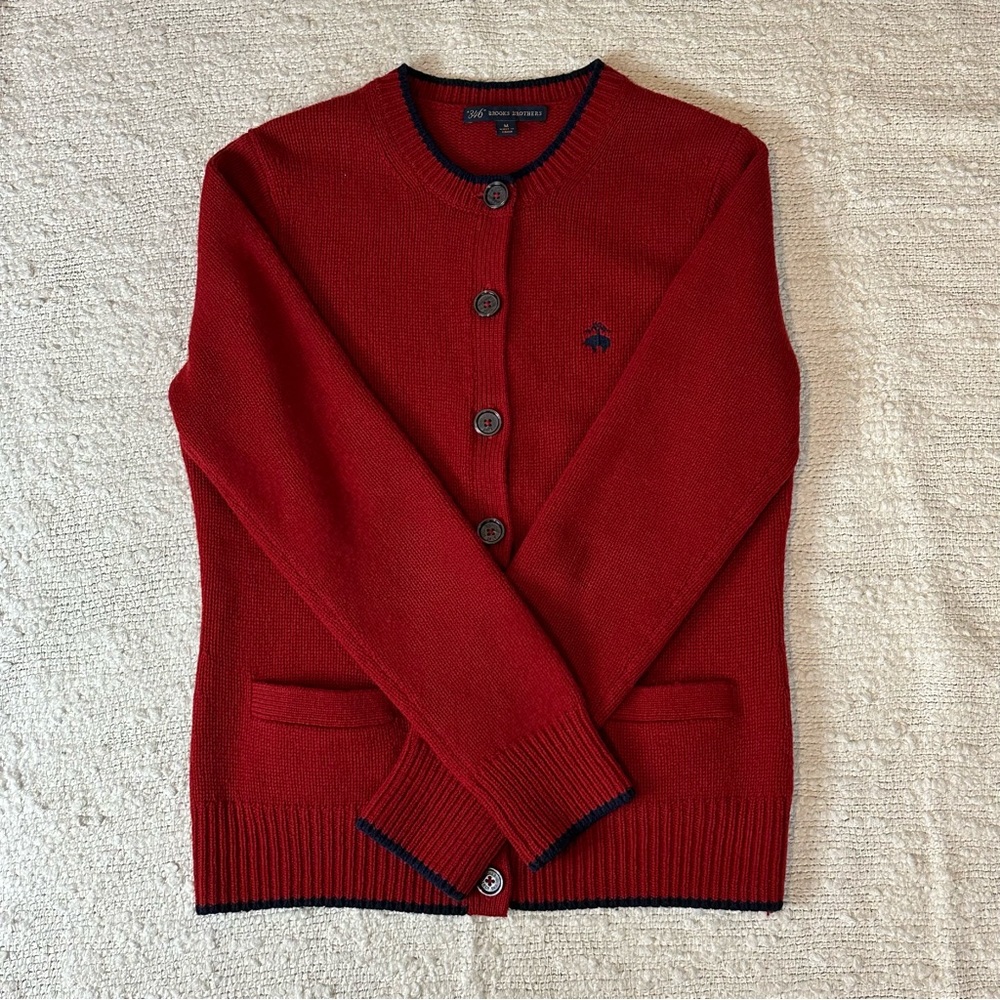 Brooks Brothers Red Wool Cardigan with Navy Trim